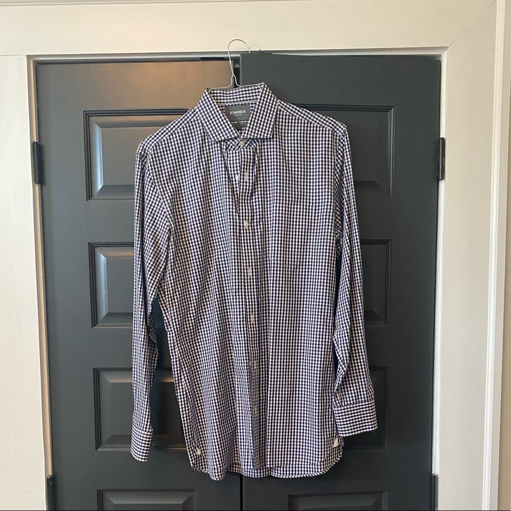 Bonobos Wrinkle Free Taylored Slim Fit Navy Blue Check Button Down Shirt